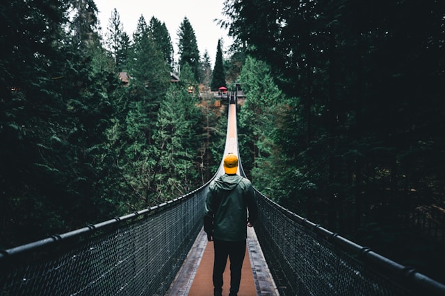 A man walking across a suspension bridge. canada
capilano suspension bridge park
capilano road
north vancouver
bc
nature
outdoors
grey
cabin
lake
boats
cottage
roadtrip
national parks
photography
wilderness
hiker s
model
mountain peak
mountains
