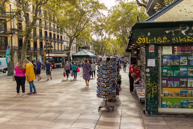 a group of people walking down a street. barcelona
la rambla
spanje
pedestrian
building
city
town
urban
street
water
view
travel
touristic
tourist
tourism
top
summer
statue
square
spanish
