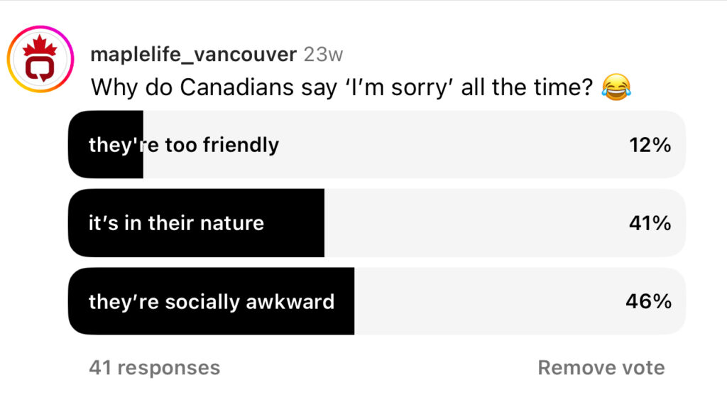 A poll on Instagram conducted by Maple Life Vancouver which asks Canadians why they say "sorry" all the time